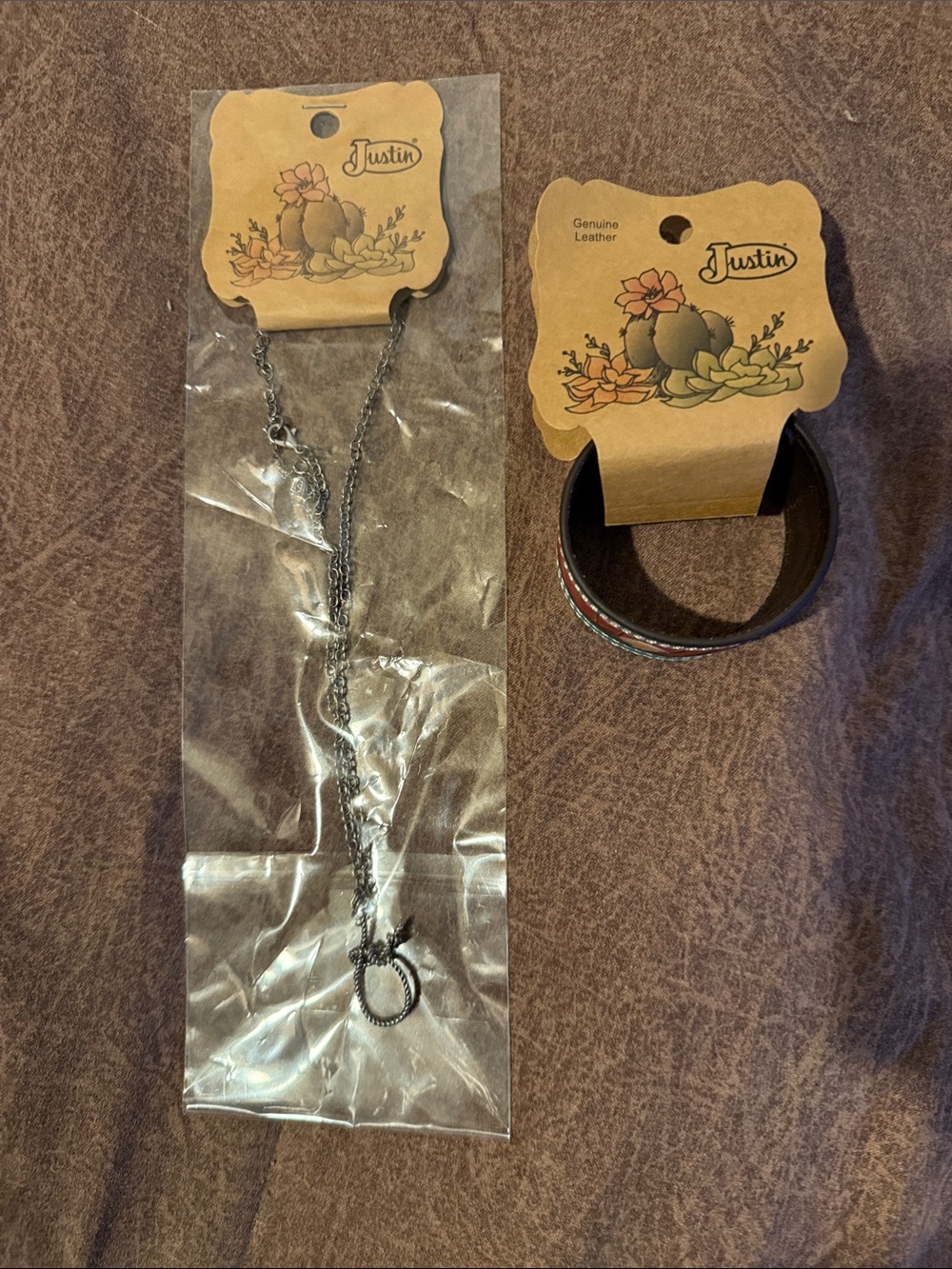 Justin Boots Kids Silver Necklace with Brown Leather Bracelet